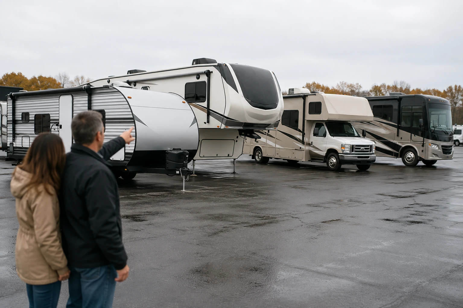 RV buyer comparing different types of RVs at a dealership